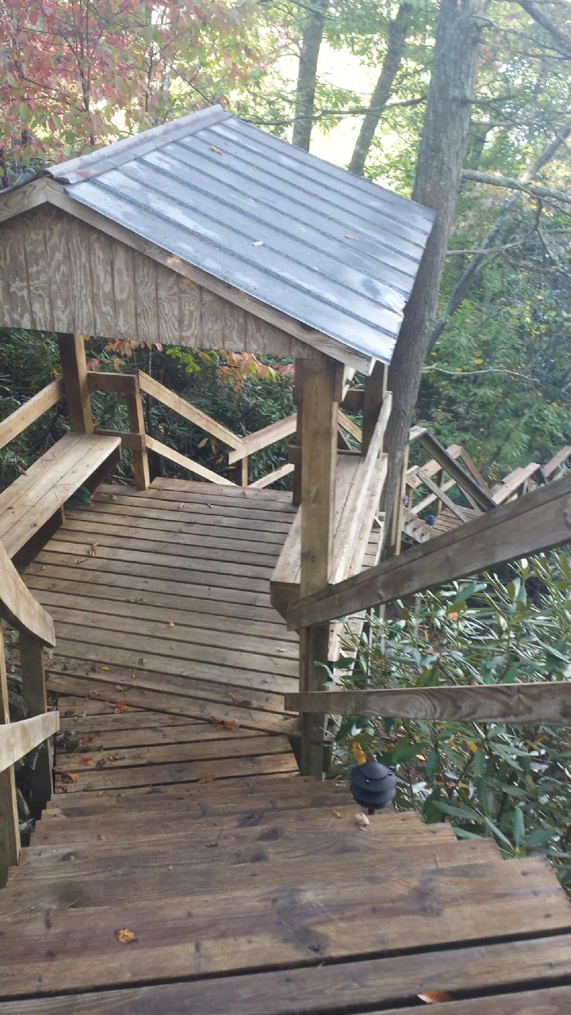 Metal roofed shelter over wooden steps on a wooded walkway — Skylight Repair & Installation work by our crew in Bernard